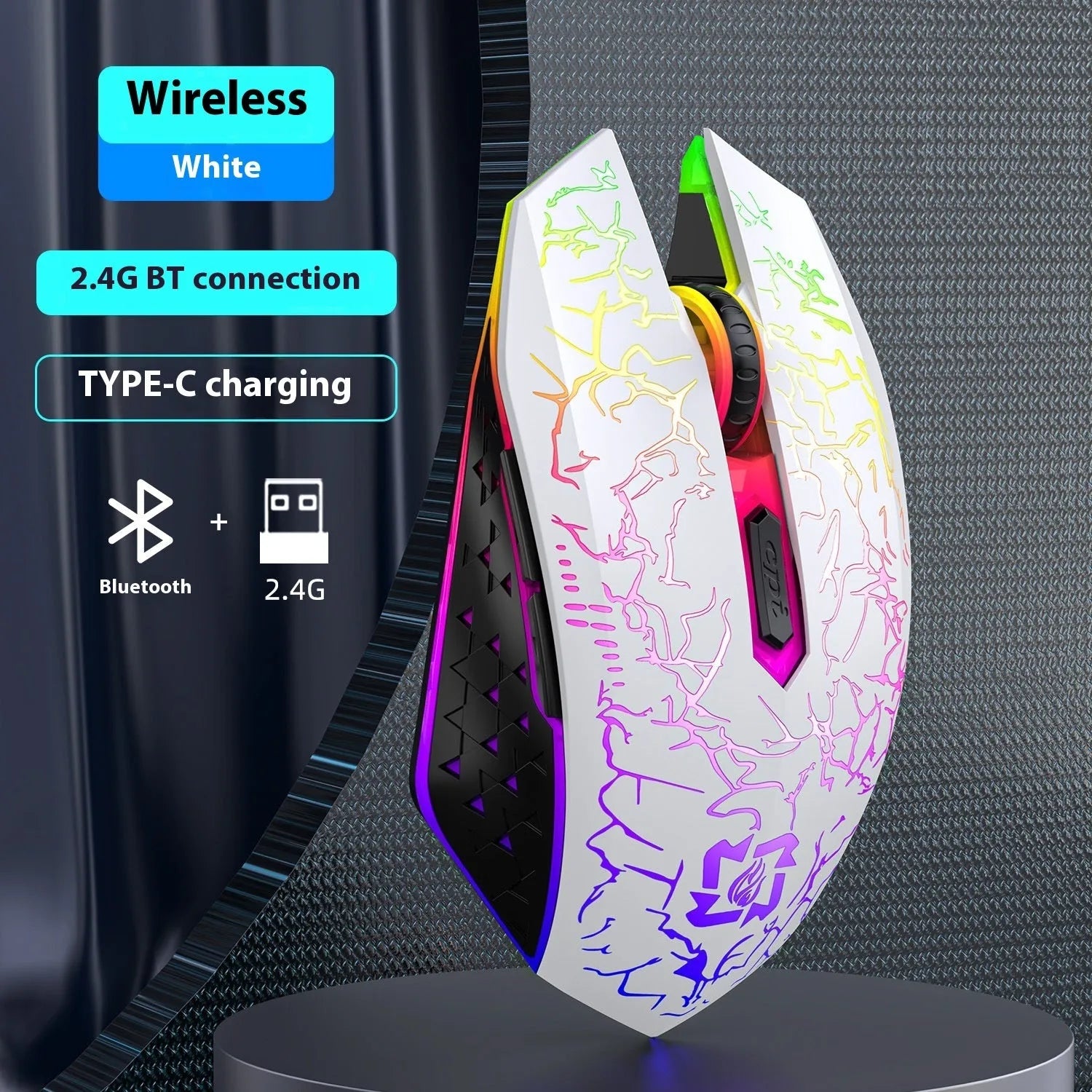 Rechargeable Bluetooth dual-mode gaming mouse with breathing light in black or white colour options