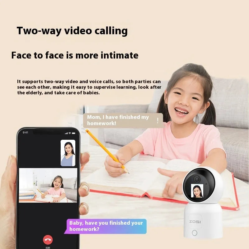 Zhou Shi wireless indoor security camera with large colour screen and plastic housing on a screw-fixed bracket.