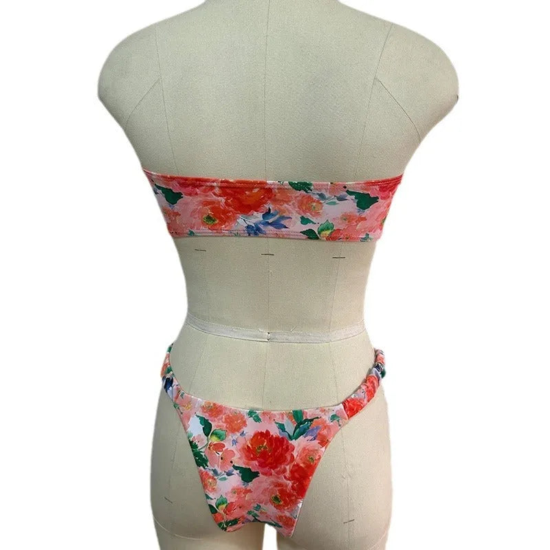 Women's floral print tube top bikini set with lace trim in blue colour