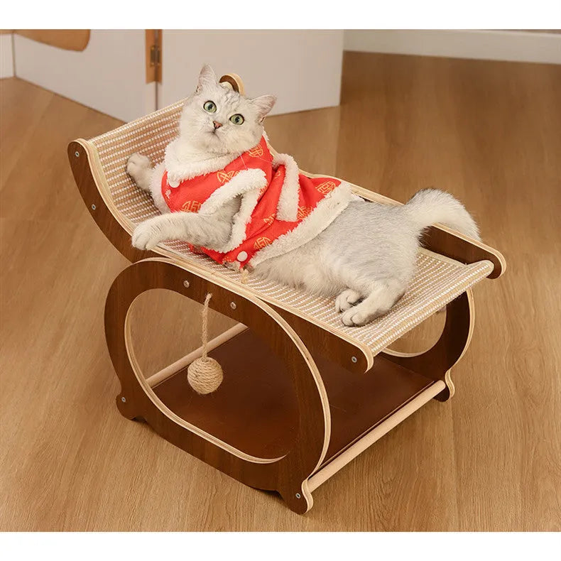 Solid wood sisal cat scratching mat and bed in walnut colour on wooden floor