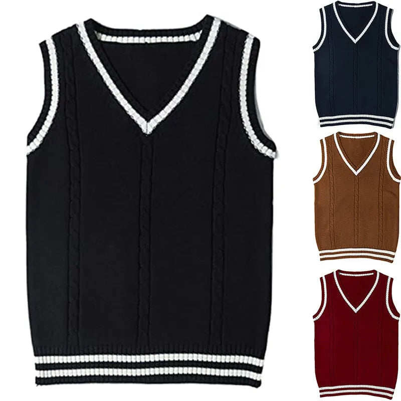 Women's slim fit black acrylic V-neck waistcoat sweater with white striped stitching detail.