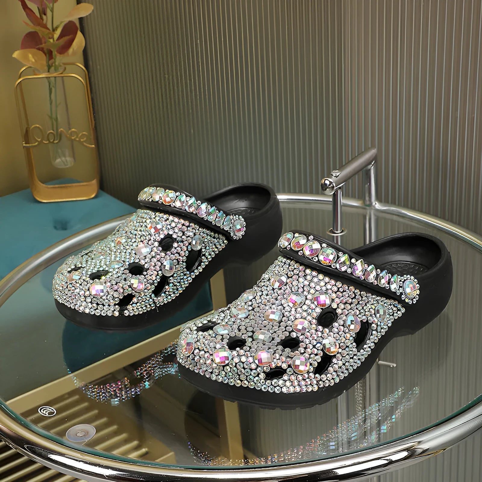 Black women's platform sandals with rhinestone detailing and perforated EVA upper