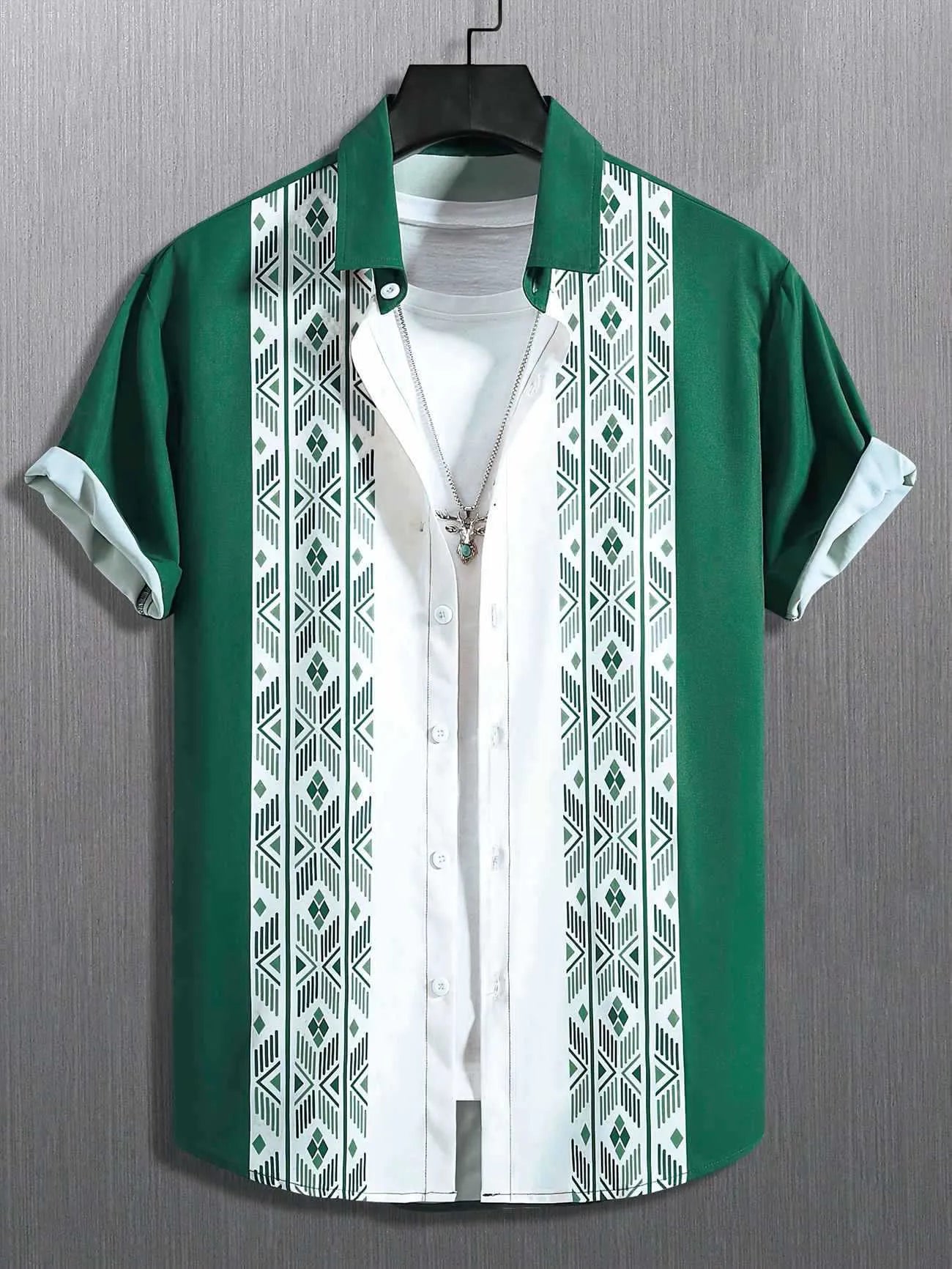 Man wearing a loose fit plaid short-sleeved shirt with a lapel collar.