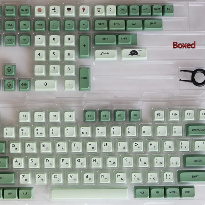 124 Key Matcha green and beige PBT keycap set for mechanical keyboards, showing multiple language layout options.