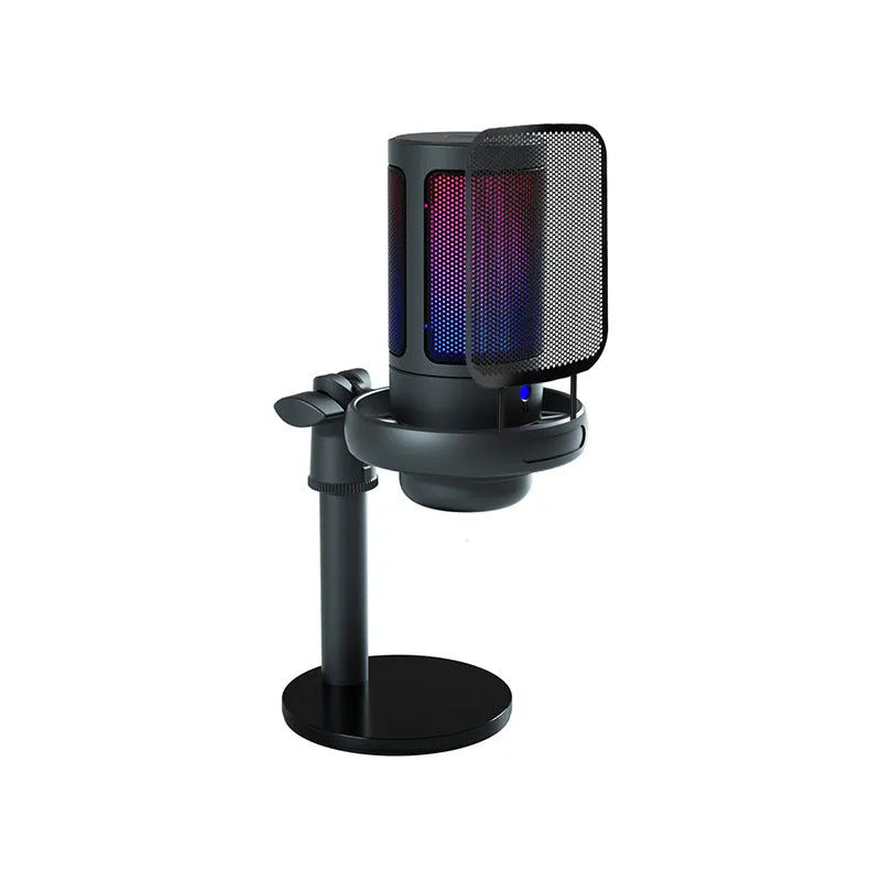USB condenser microphone with colourful light effects showing heart-shaped polar pattern diagram