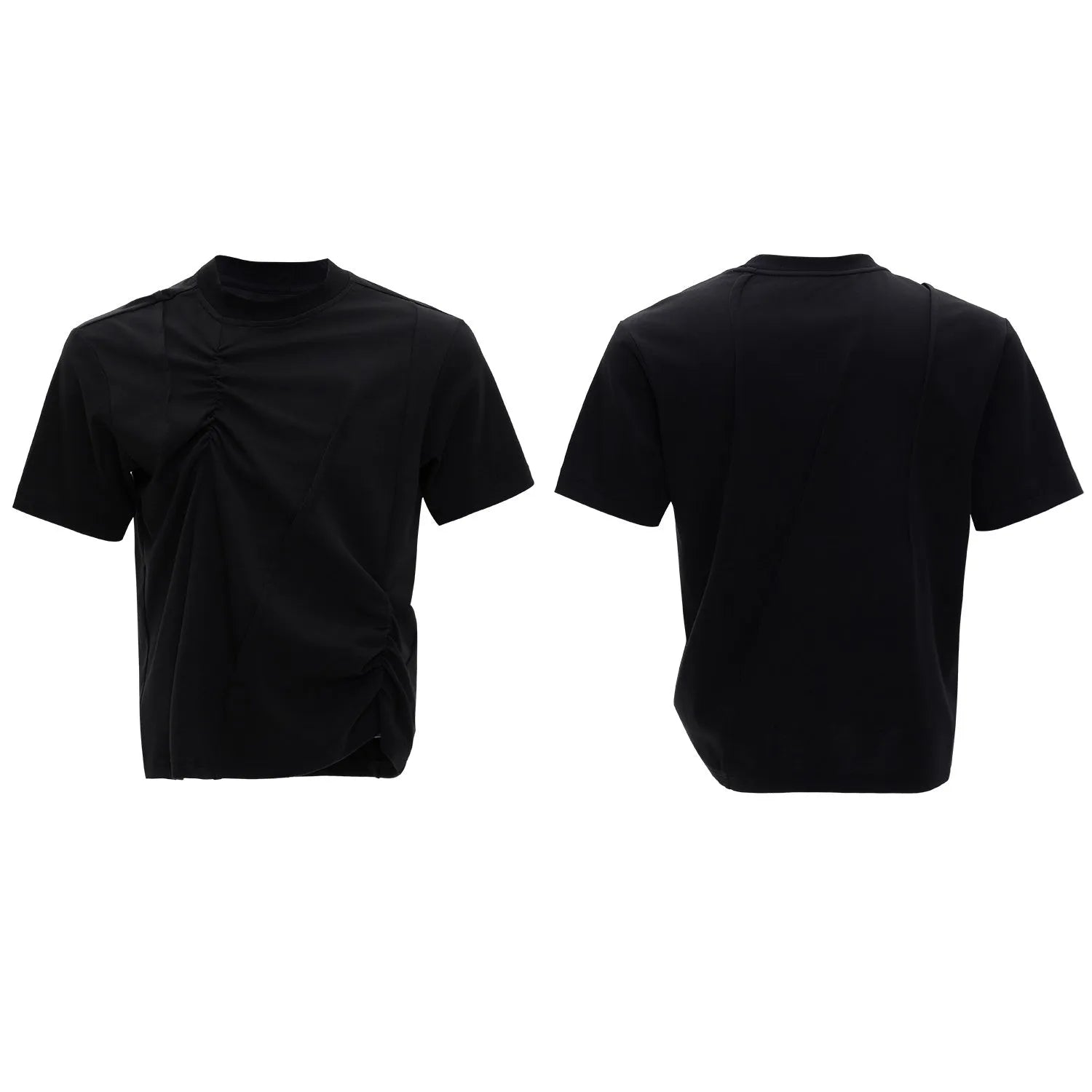 Man modelling a loose grey cotton T-shirt with a round neck and asymmetric stitching detail on the front.
