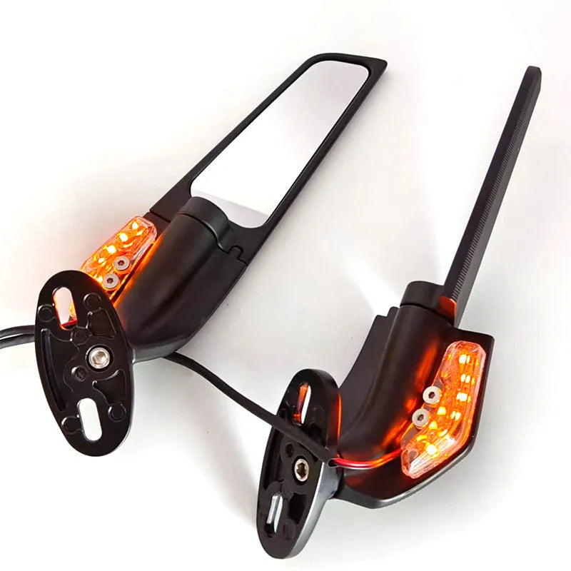 Pair of yellow aluminium motorcycle rearview mirrors with convex glass and integrated reflector lights