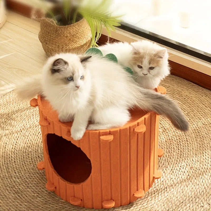 Carrot-shaped soft grey felt cat tunnel with openings, shown in two size options for indoor cats.
