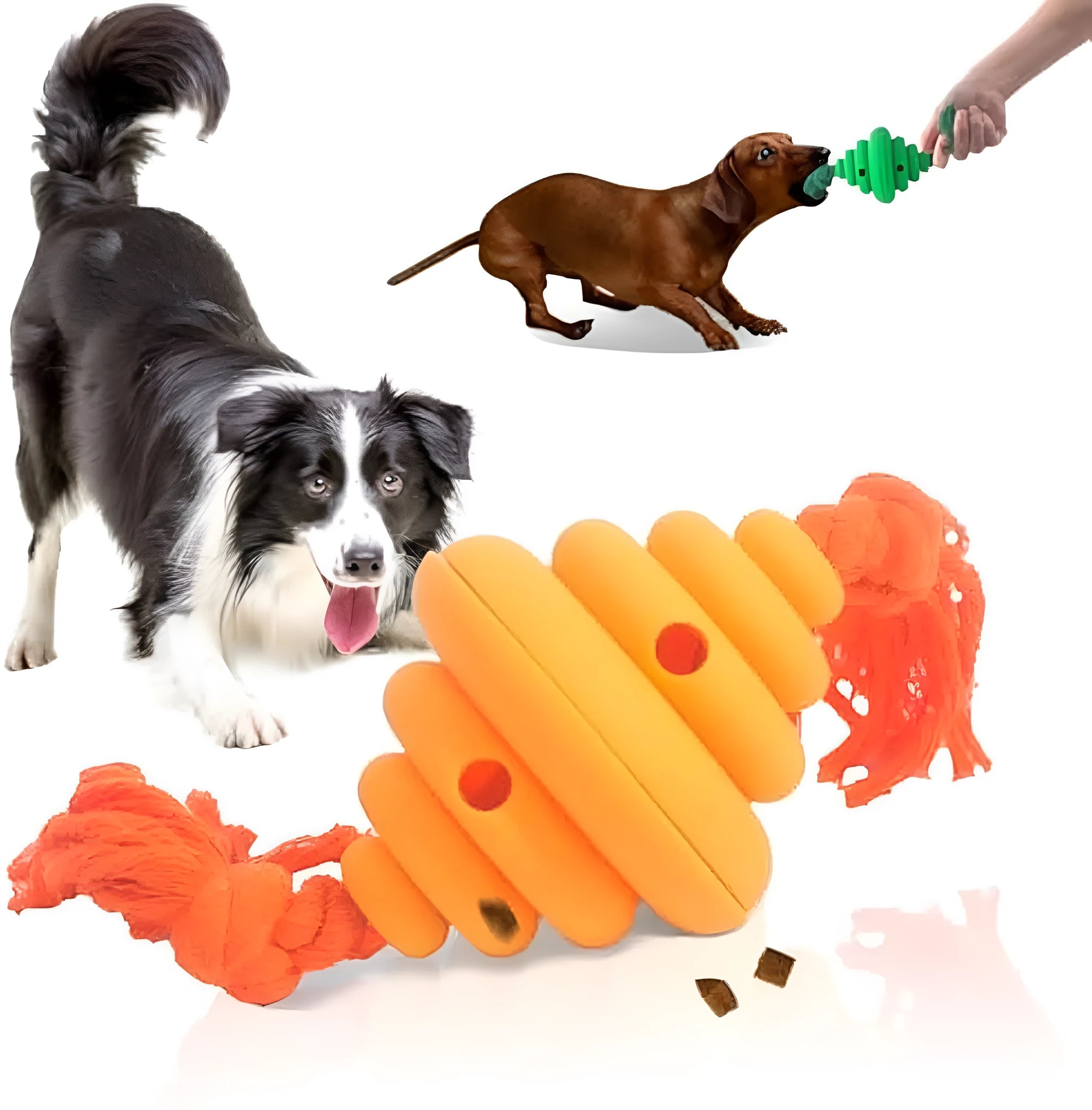 Large green and yellow silicone dog toy with a knotted rope and hollow ball for food dispensing.