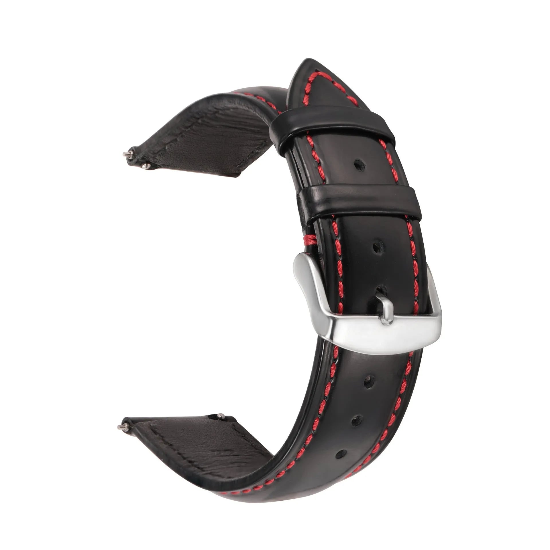 Quick-release cowhide leather watch strap in black with white accent line, showing the spring bar mechanism.