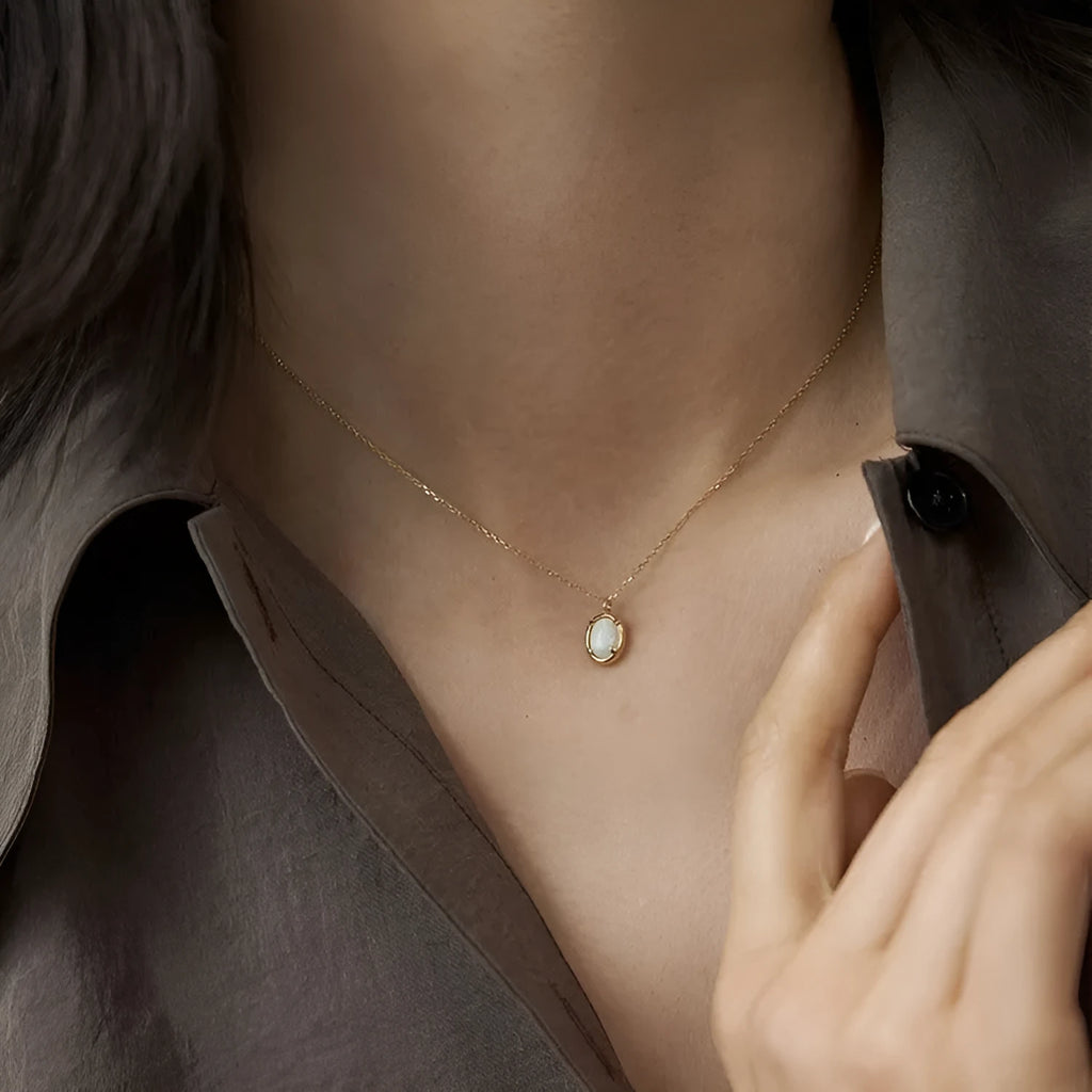 S925 silver geometric oval opal pendant necklace with choice of gold or white gold plating