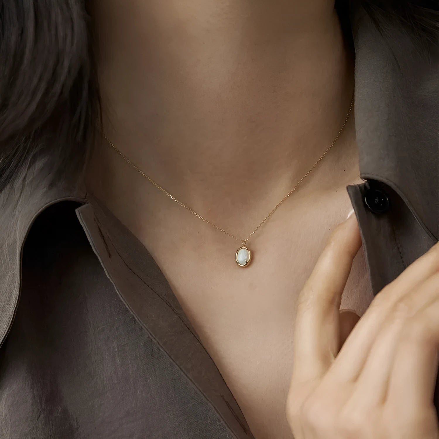 S925 silver geometric oval opal pendant necklace with choice of gold or white gold plating