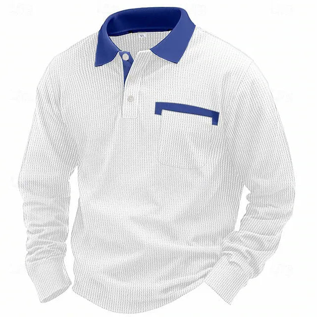 Men's waffle-textured polo shirt in wine red with asymmetric design and long sleeves.
