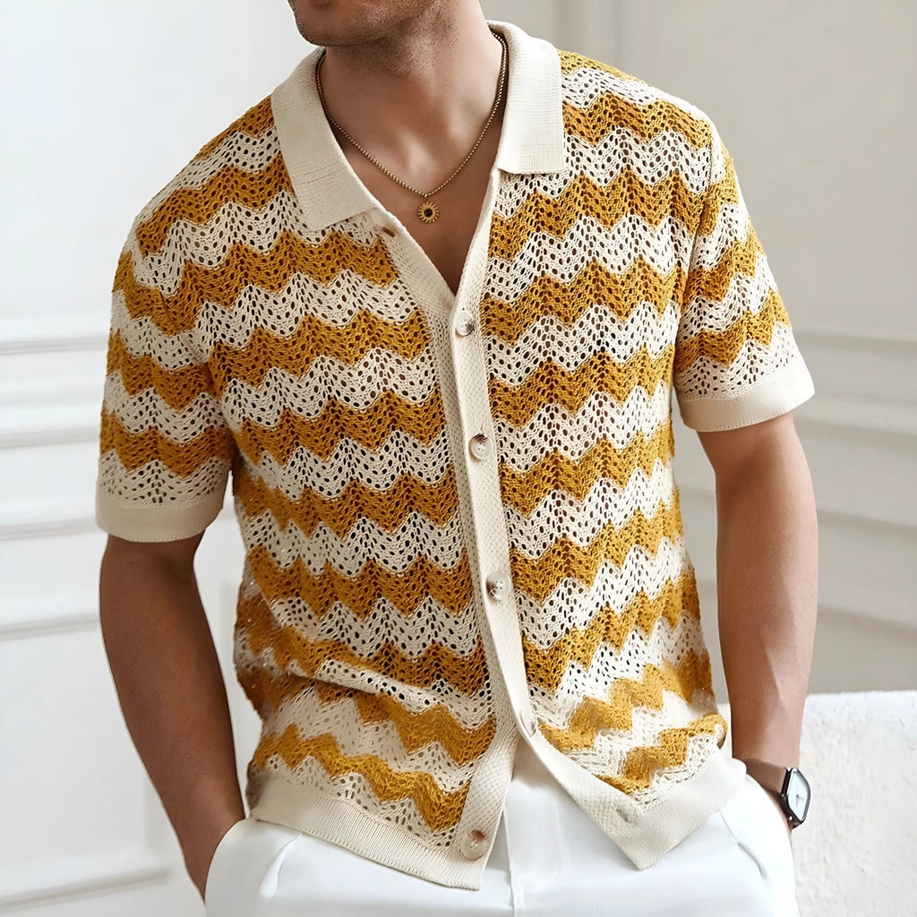 Tencel short sleeve sweater with hollow jacquard corrugated pattern in blue colour