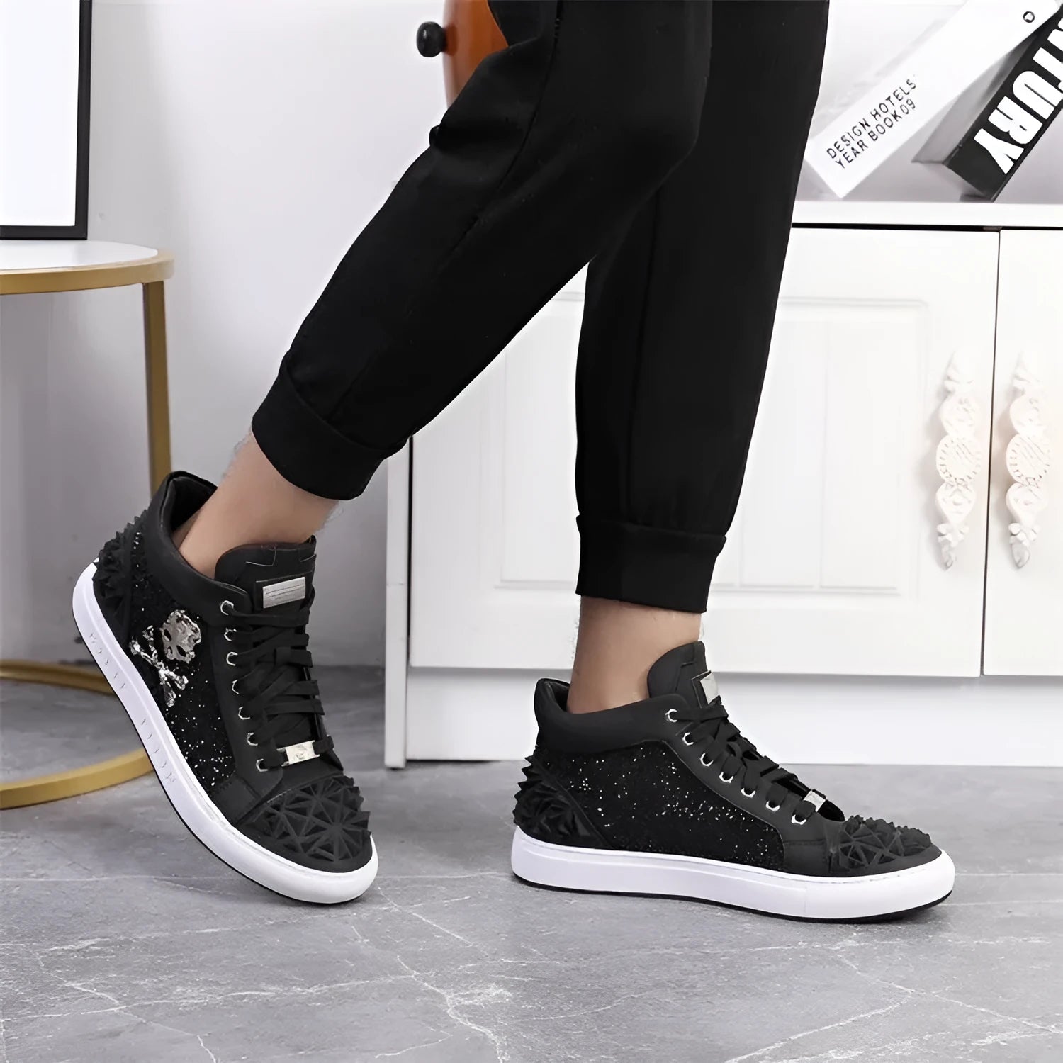 Men's black high top skeleton shoes with genuine leather upper and laced closure