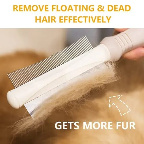White double-sided dog and cat deshedding brush with curved comb and ergonomic anti-slip handle
