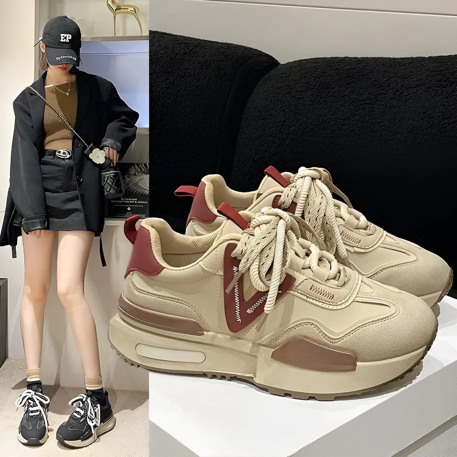 Women's black retro platform sports shoes with round toe and front lace-up closure.