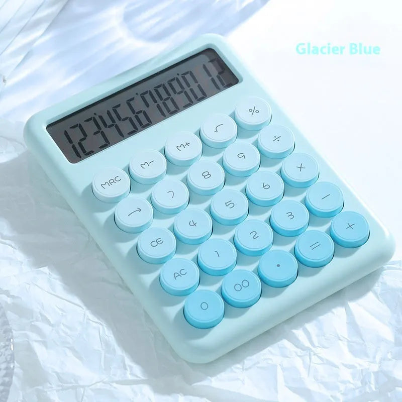 Dopamine gradient colour desk calculator in violet, cherry blossom powder, glacier blue, and mint green variants.
