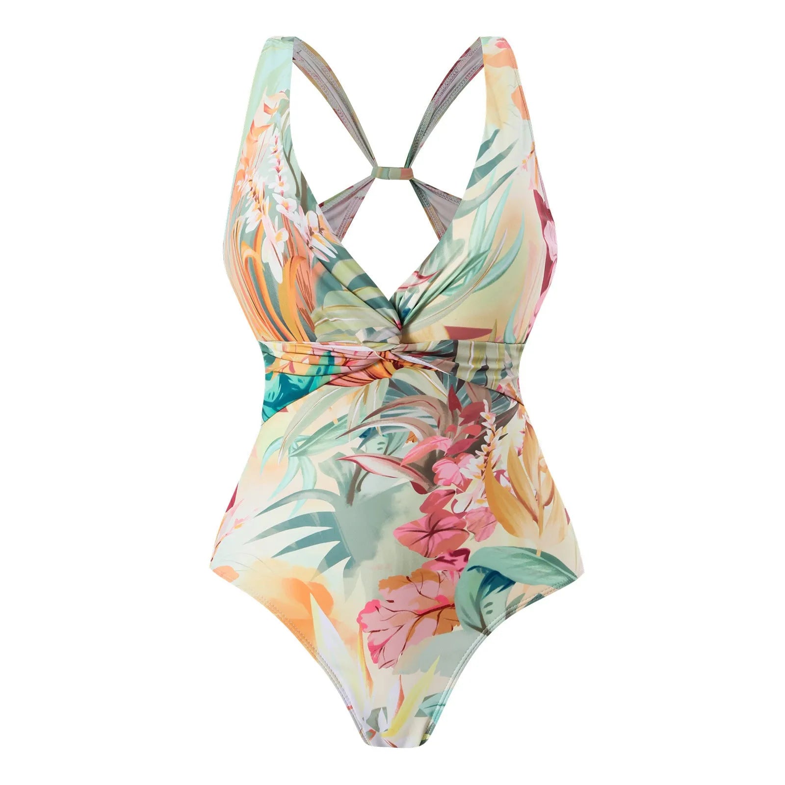 Women's conservative one-piece swimsuit with short sleeves in a vintage yellow floral print pattern.