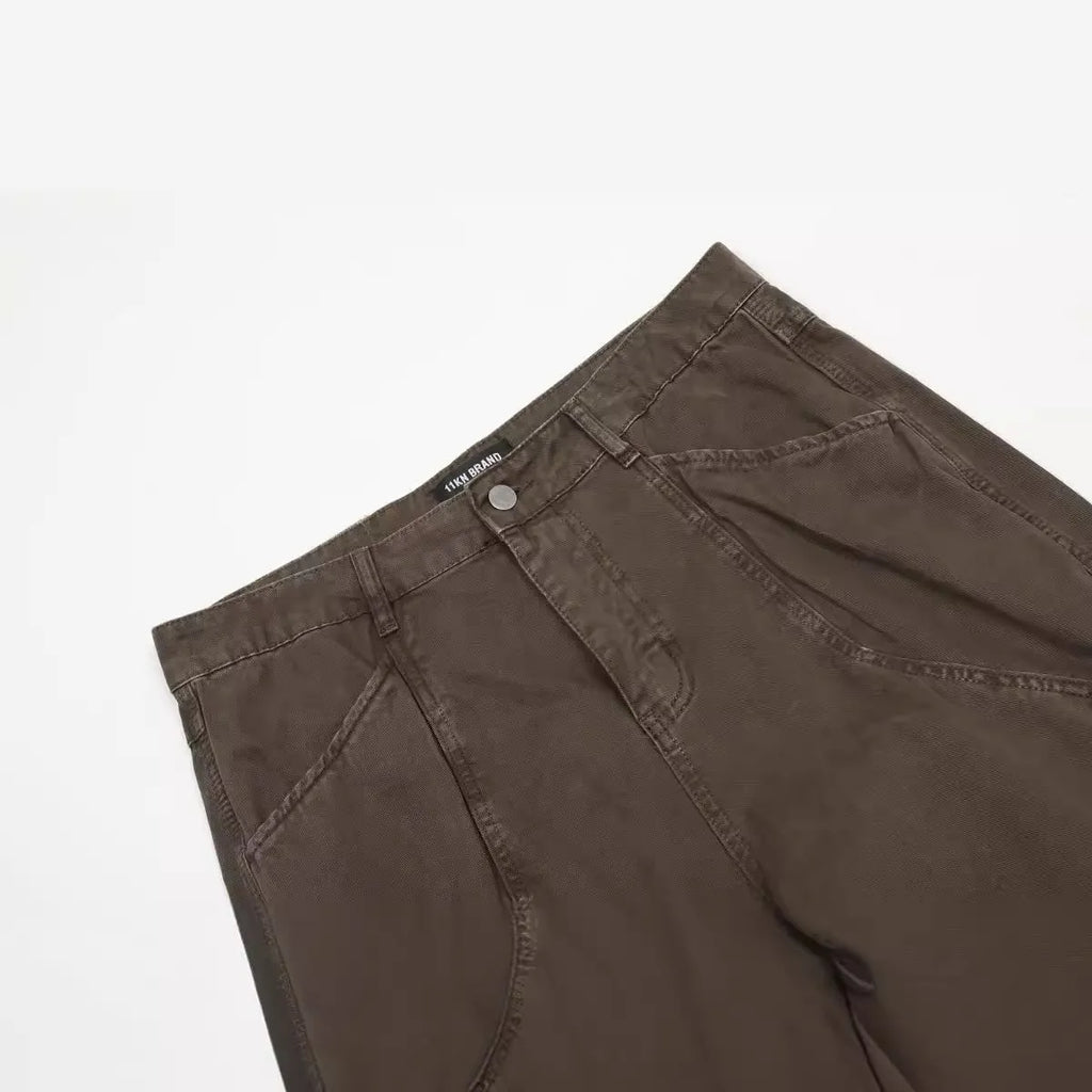 Men's brown loose straight-leg cotton trousers with high waist and zip fly