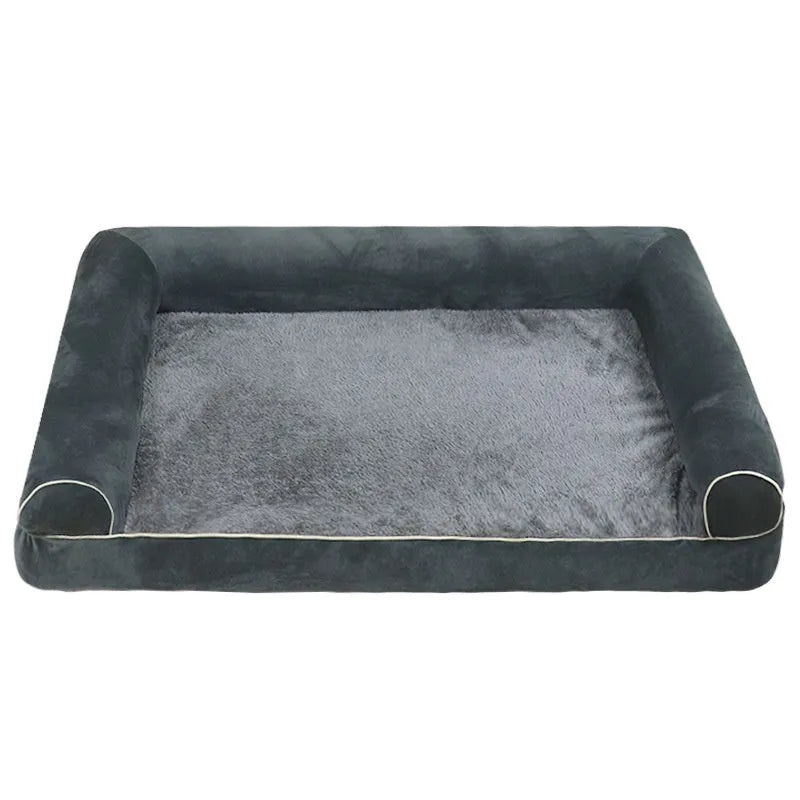 Square sponge dog bed with cloth cover in blue colour showing dimensions