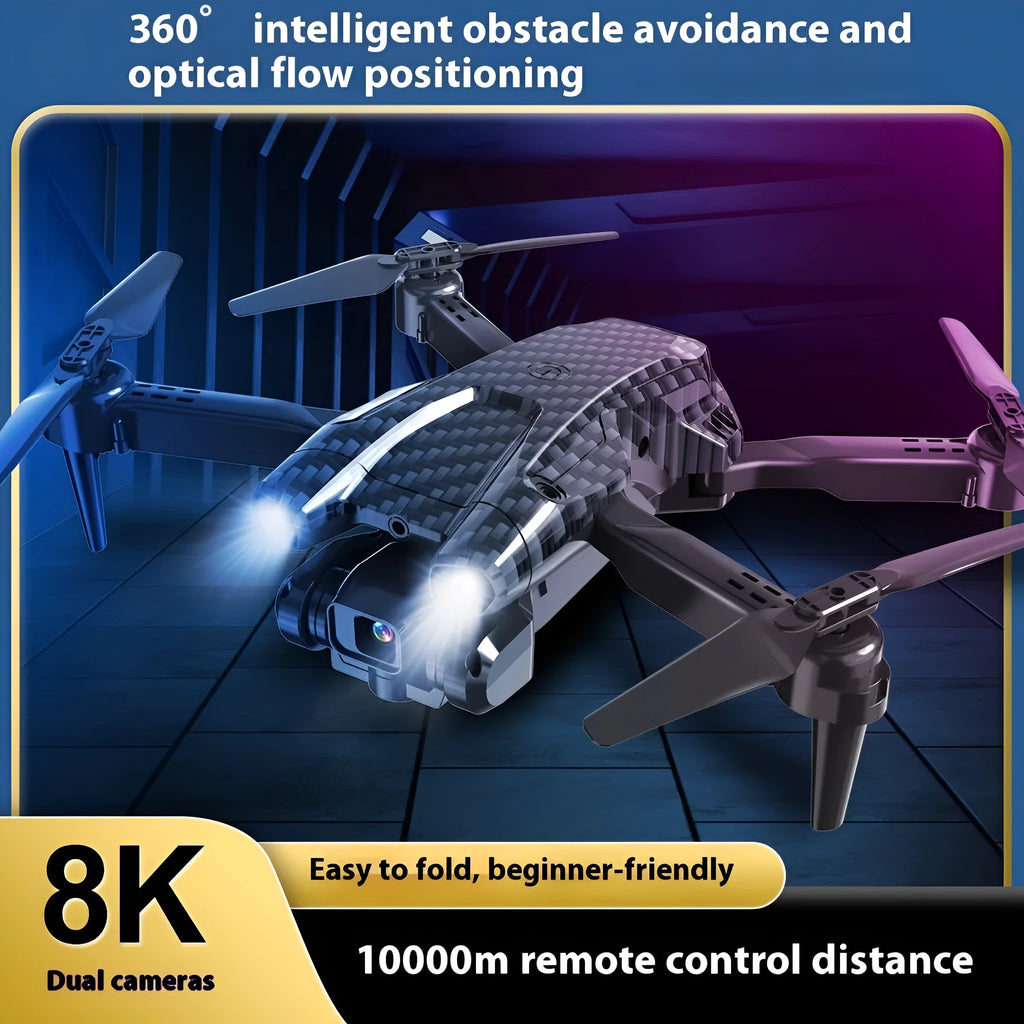 S138 black folding quadcopter drone with obstacle avoidance sensors and dual cameras, folded to under 30cm size