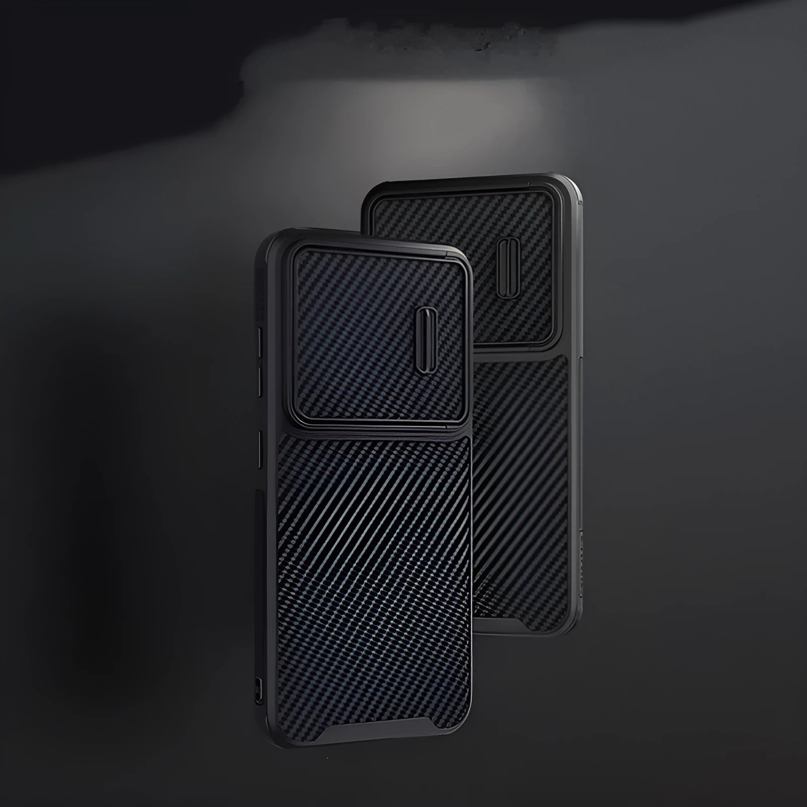 Black Samsung S23 Ultra mobile phone case with a flip-up lens cover over the camera, showing TPU+PC+carbon fibre construction.