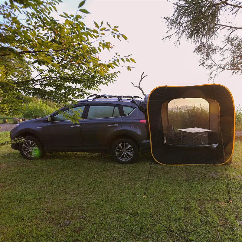 Black pop-up car tailgate tent with quick-throw design, shown unfolded to 200cm dimensions.