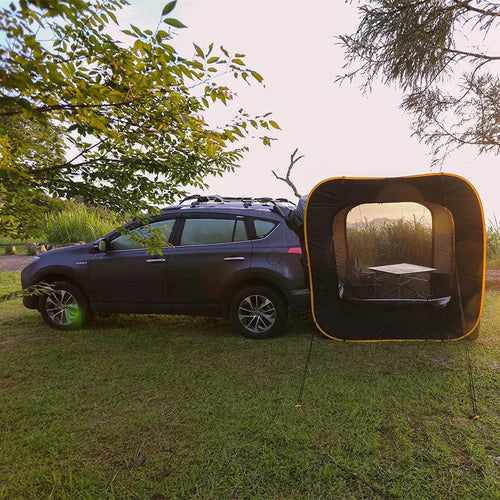 Black pop-up car tailgate tent with quick-throw design, shown unfolded to 200cm dimensions.