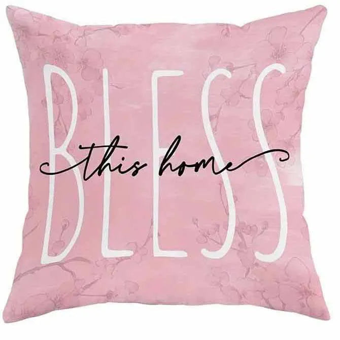 Short velvet cushion cover with cherry blossom and letter print in 45cm square size.
