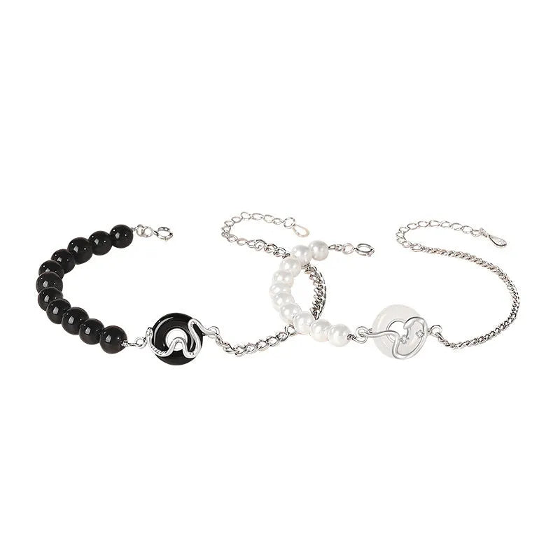 925 sterling silver couple bracelet with Chinese zodiac snake design and obsidian pearls