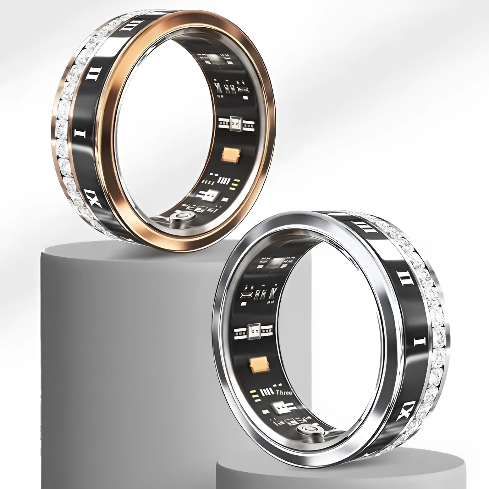 Diamond-inlaid smart ring with blood oxygen monitoring in gold and silver colour options