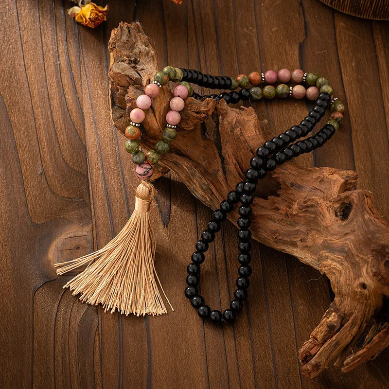 Vintage tassel bohemian style long necklace with geometric stone beads and matching bracelet