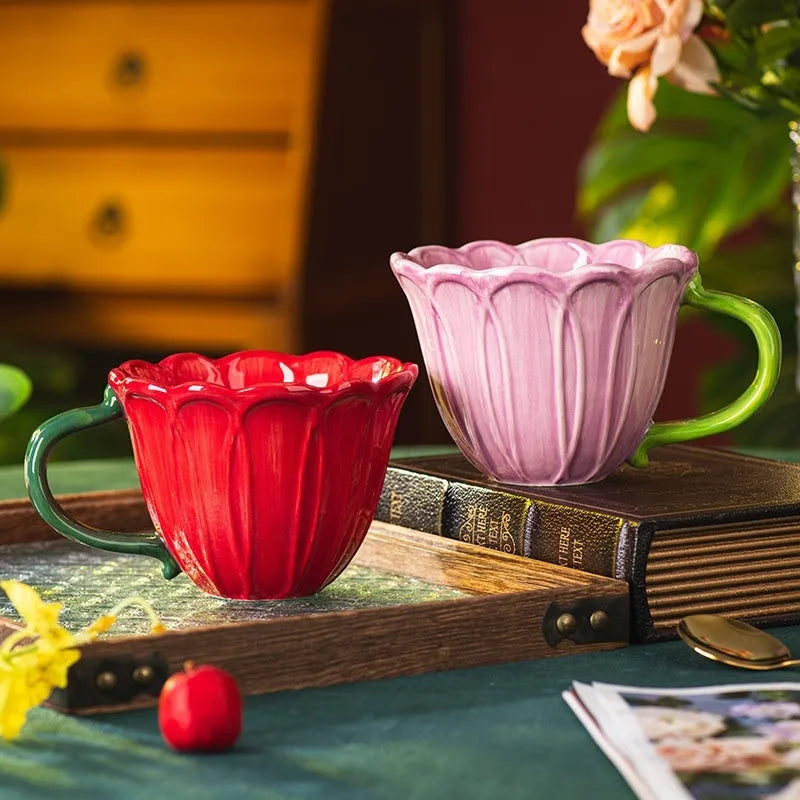 Ceramic breakfast cup with flower pattern, 500ml capacity, pastoral style in red or purple