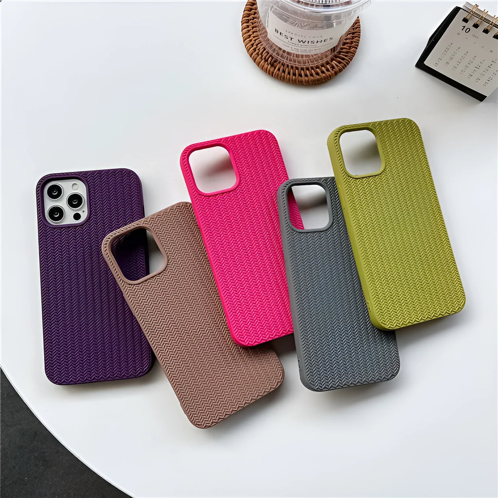 Woven pattern liquid silicone phone case for iPhone in black, green, pink, white, yellow, blue, red