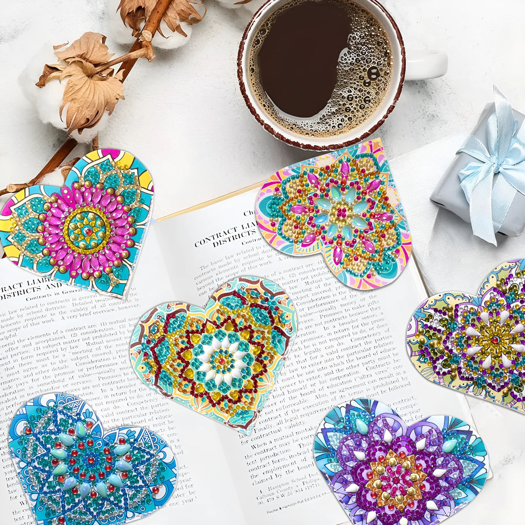 Six handmade PU leather bookmarks with stick-on crystals and flower cornerite decorative elements