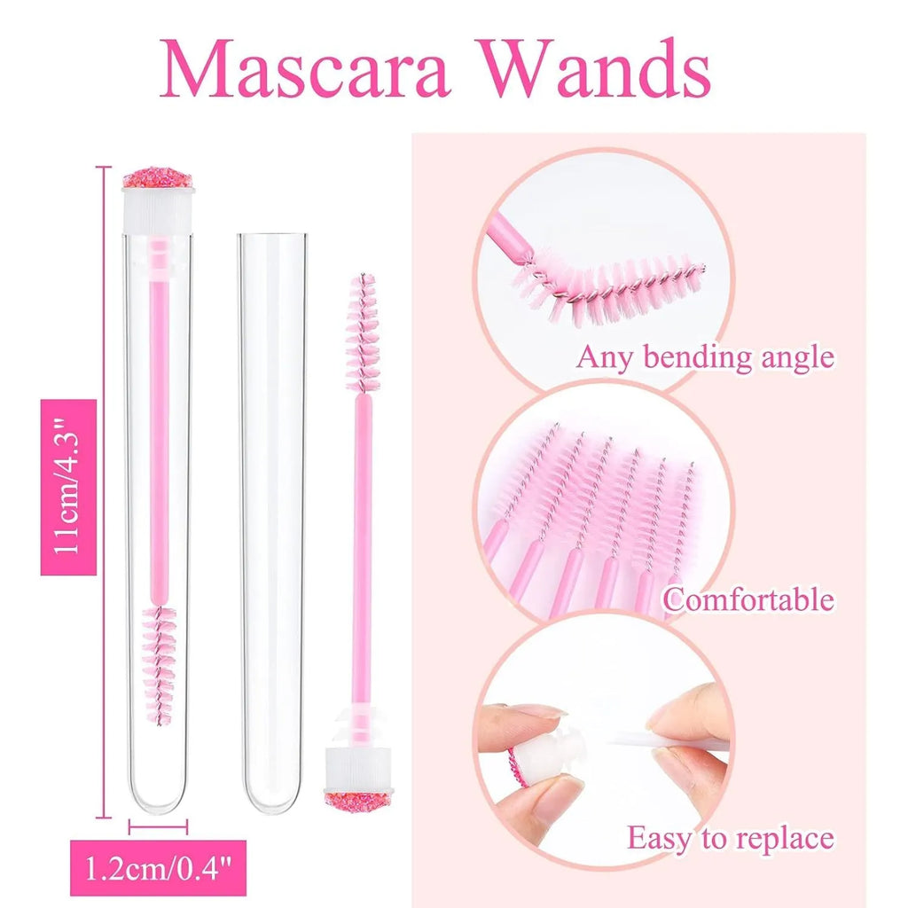 Disposable mascara brushes in protective transparent tubes with spiral brush heads in blue, green, pink, and purple colours