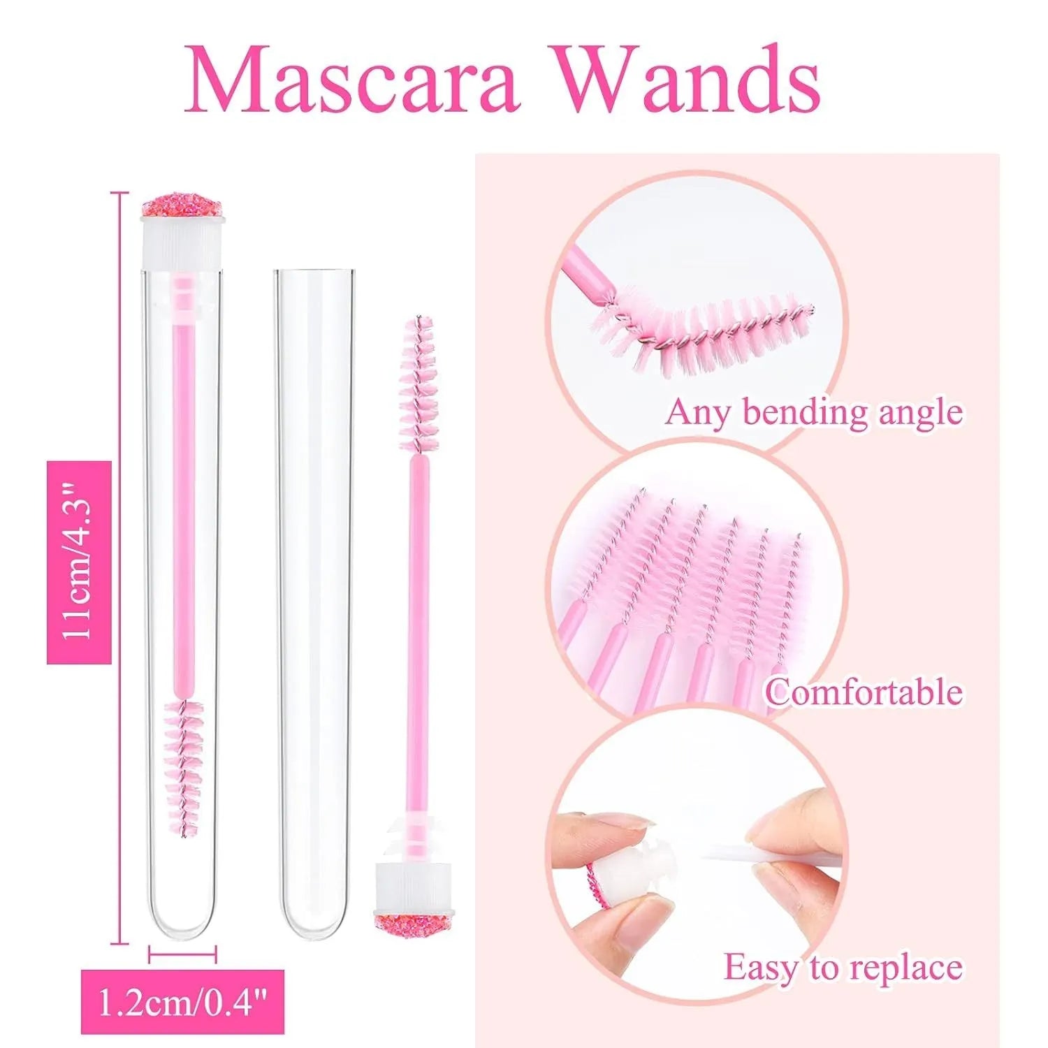 Disposable mascara brushes in protective transparent tubes with spiral brush heads in blue, green, pink, and purple colours