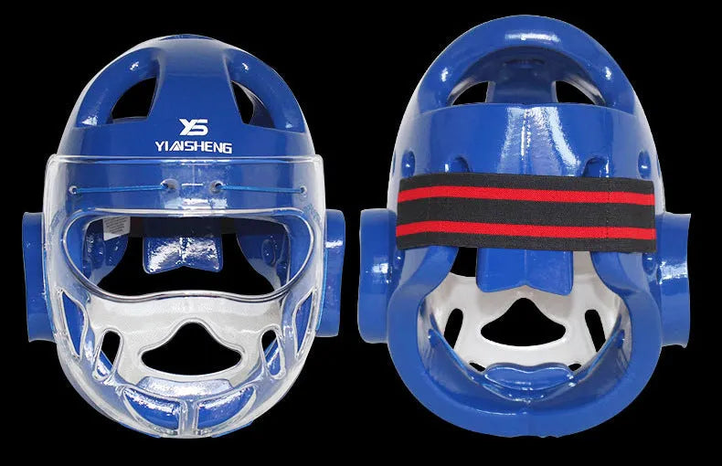 Karate boxing head protection helmet shown in white, blue, and red colour options.