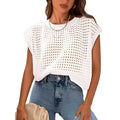 White women's crochet sleeve pullover sweater on a hanger