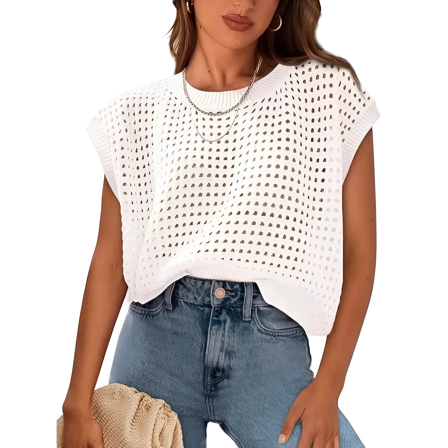 White women's crochet sleeve pullover sweater on a hanger