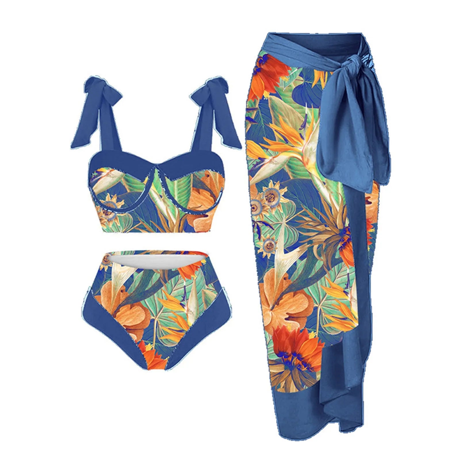 Women's pink printing split swimsuit three-piece set with skirt, bra, and panties on a mannequin.