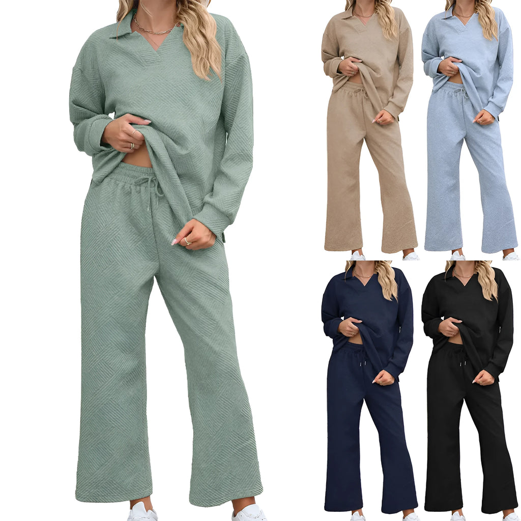 Women's solid colour knitted jacquard sweater and elastic waist pants suit in urban style