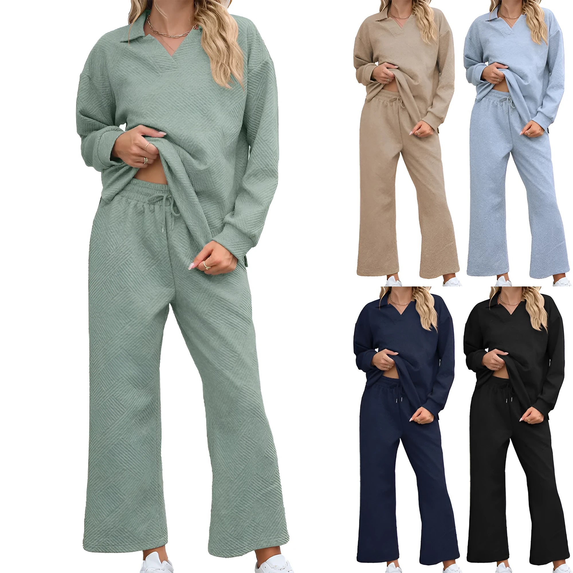 Women's solid colour knitted jacquard sweater and elastic waist pants suit in urban style