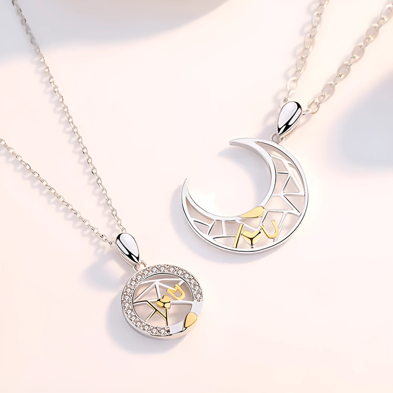 Sun moon tooth couple necklace with copper pendants and cross chain