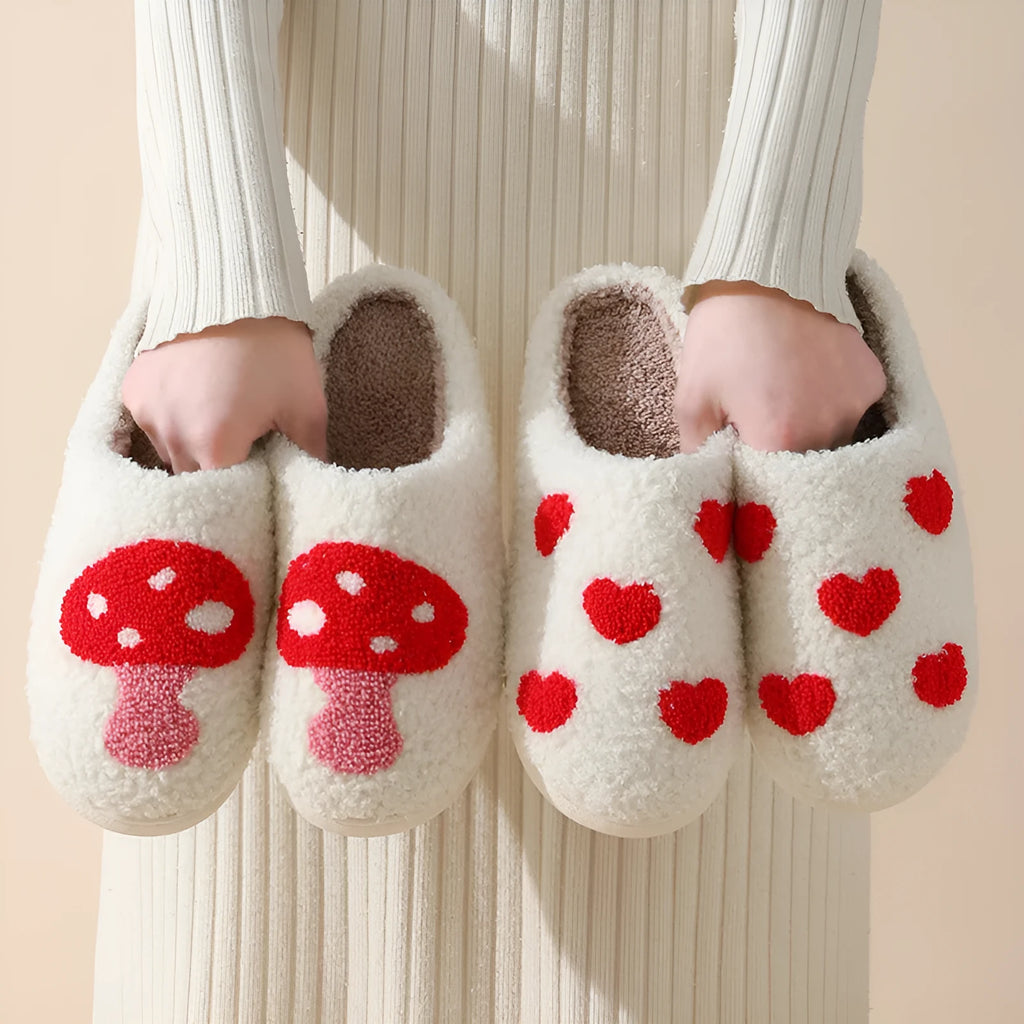Women's plush home slippers with PVC sole in mushroom colour with round toe design