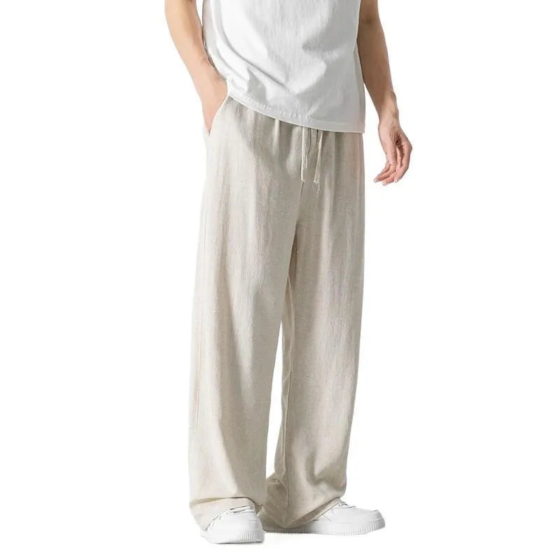 Men's beige bamboo fibre straight leg trousers with cropped length and drawstring waistband