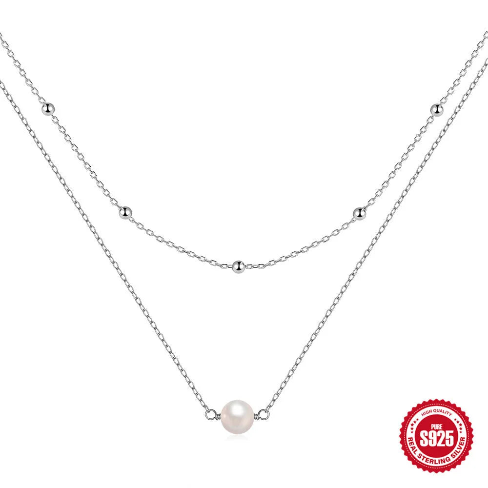 S925 sterling silver double layer women's necklace with twin pearls on geometric ball bead chain in gold colour