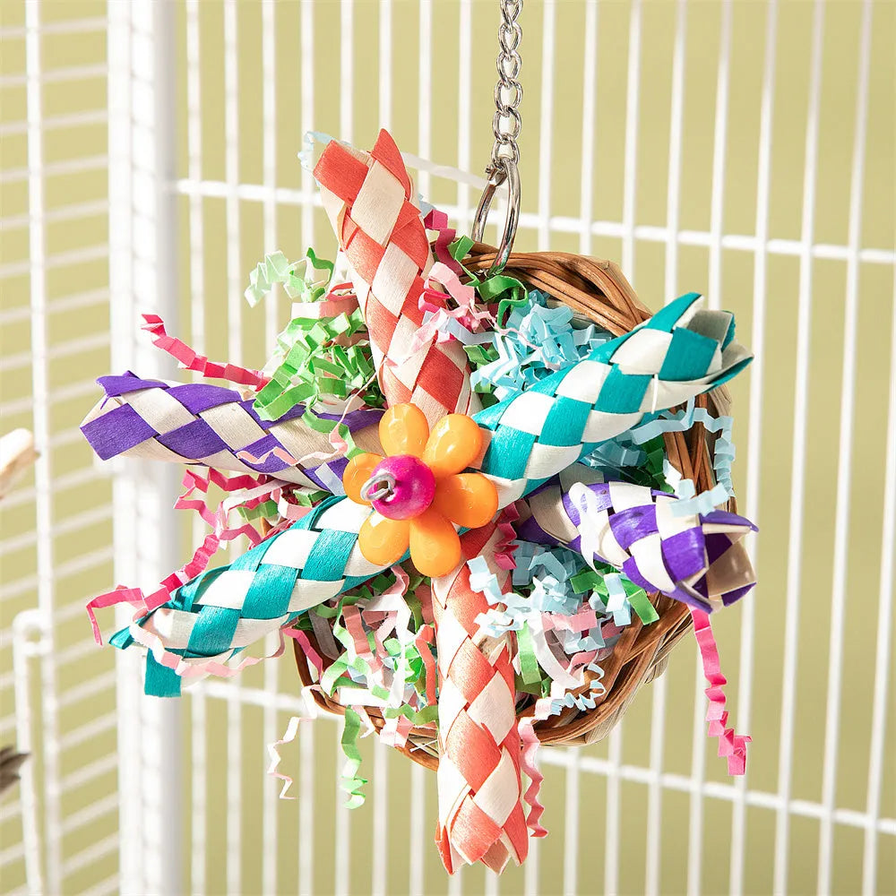 Three different weighted parrot chewing blocks for gnawing and beak maintenance
