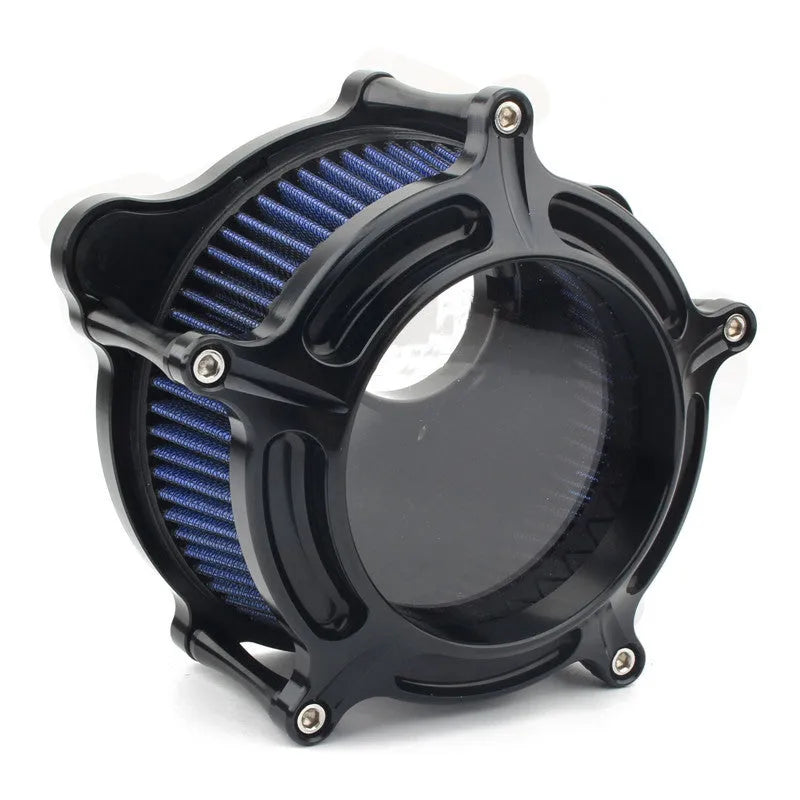 Aluminium air filter retrofit kit in red and blue electroplated finishes with suction accessories.